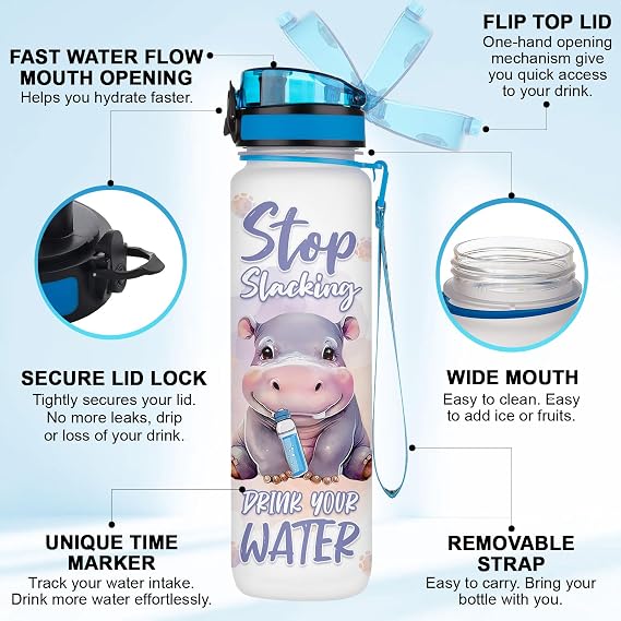 Cute Hippo Hydration Water Bottle 32oz, Stop Slacking Drink Your Water Motivational Bottle, Funny Hippopotamus Animal Gift for Women, Hippo Lover Gifts