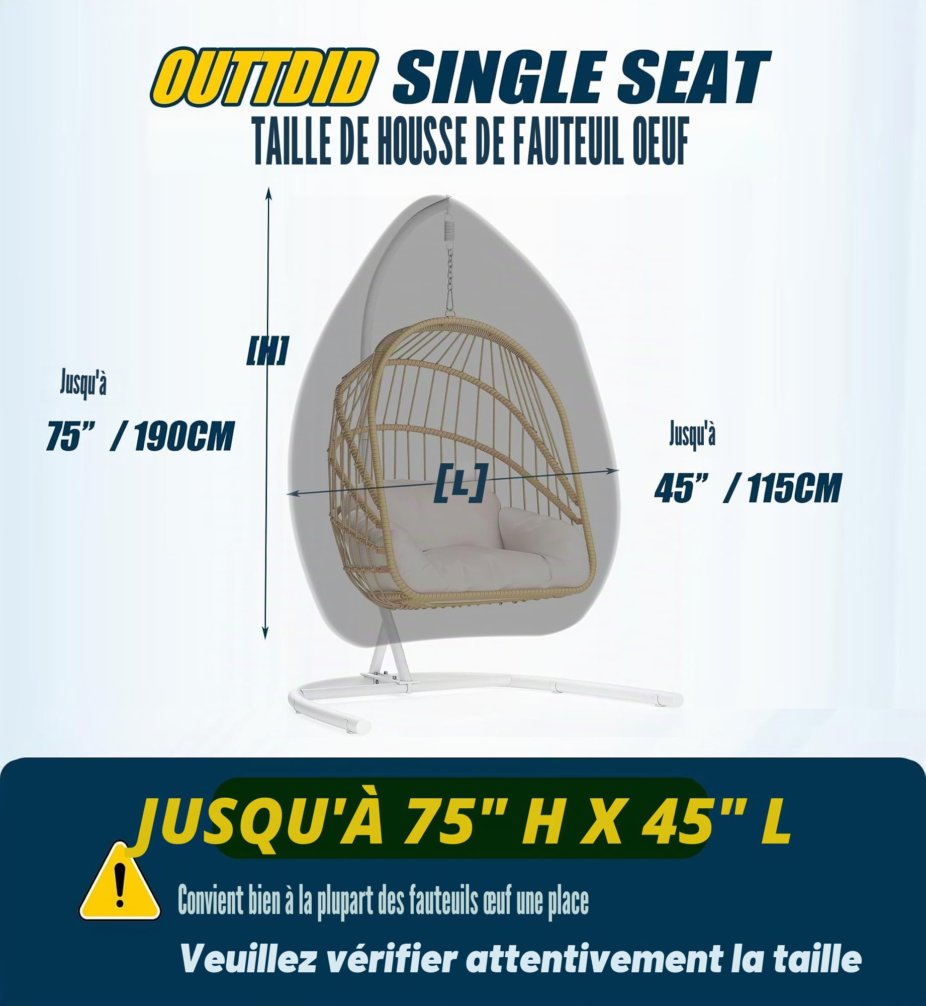 Housse de chaise en osier 600D à suspendre pour chaise de patio à suspendre avec support de protection - Convient pour une chaise jusqu'à 190 x 114 cm (L x l)