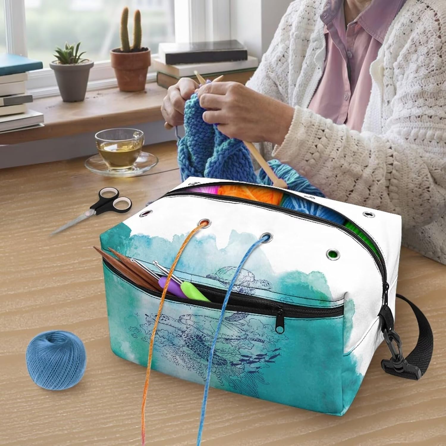 Kathyboom Sea Turtle Yarn Storage Bag Durable Knitting Bags for Yarn Accessories, Large Capacity Yarn Storage Bag for Knitting Needles, Crochet Hooks and Crochet Accessories
