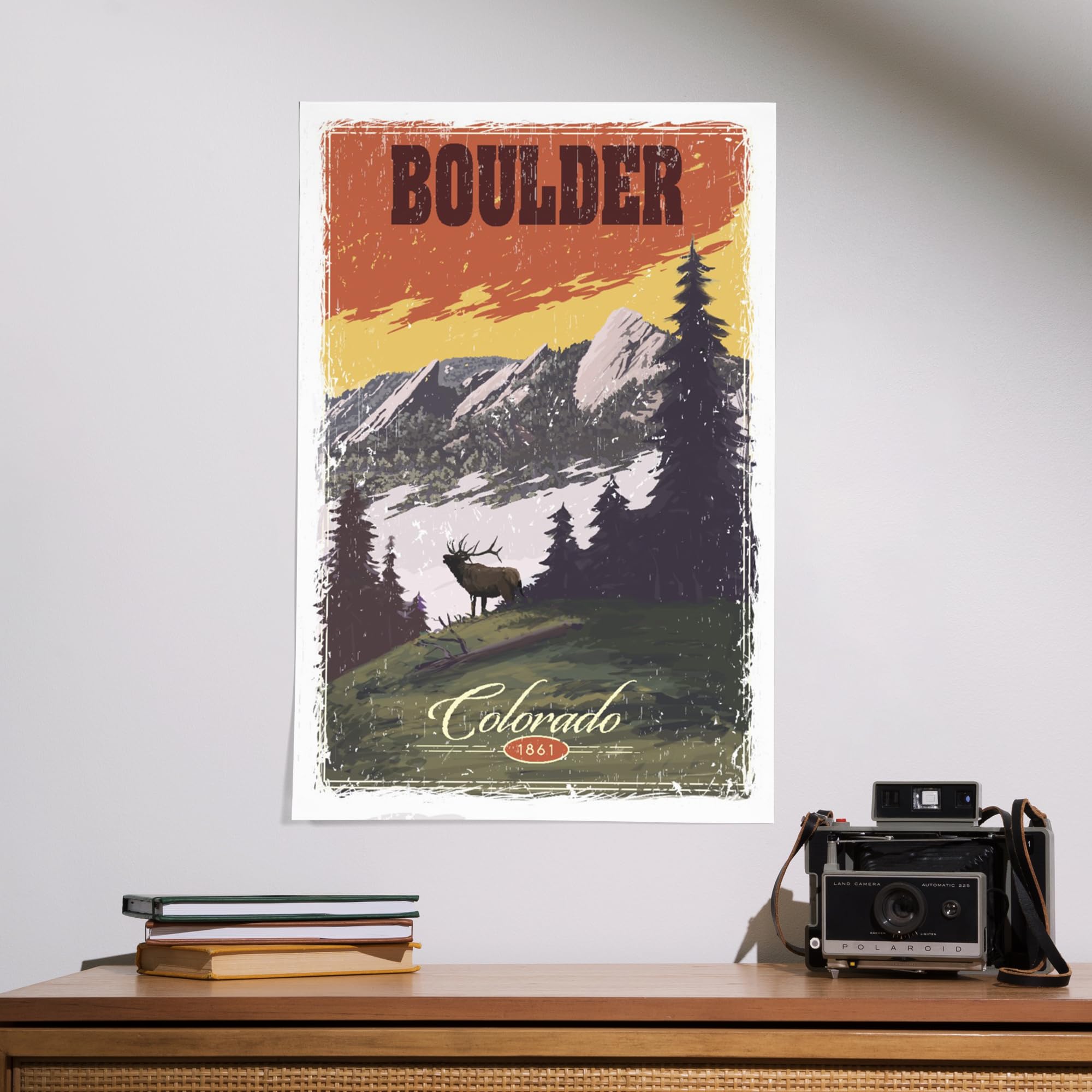 Lantern Press 16x24 Inch Giclee Art Print Wall Decor, Boulder, Colorado, Mountain View and Elk, Distressed