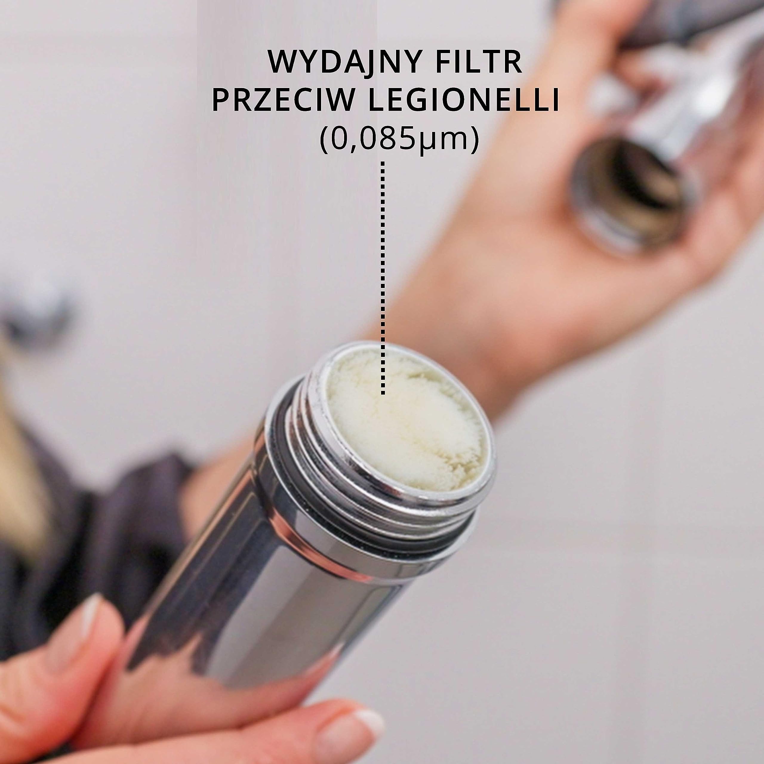 Głowica prysznicowa z filtrem Legionella, długotrwała ochrona, przepływ do 10 l/min, wymienny filtr sterylny