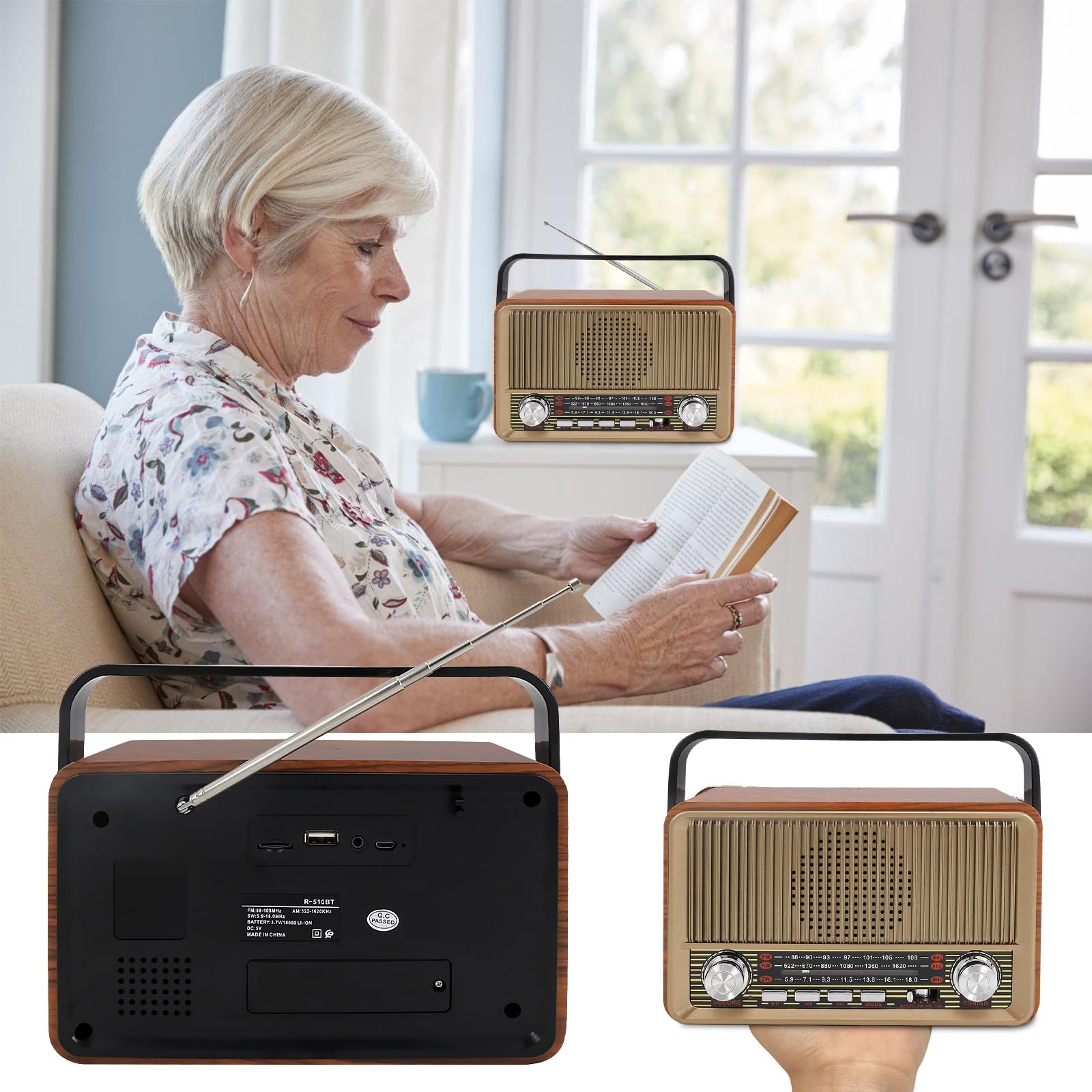 Retro Radio mit Bluetooth, Nostalgie Kofferradio Klein mit AM/FM/SW3, USB/TF/AUX, Wiederaufladbar, Küchenradio, Vintage Radio für Küche, Büro, Outdoor