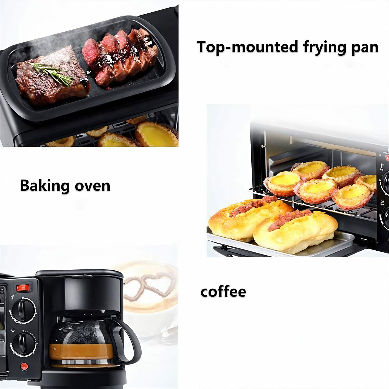 Stazione per la colazione a tre in uno, che combina forno, caffettiera e padella in una cucina domestica compatta essenziale. Dispositi di rivestimento antiaderente e design regolabile