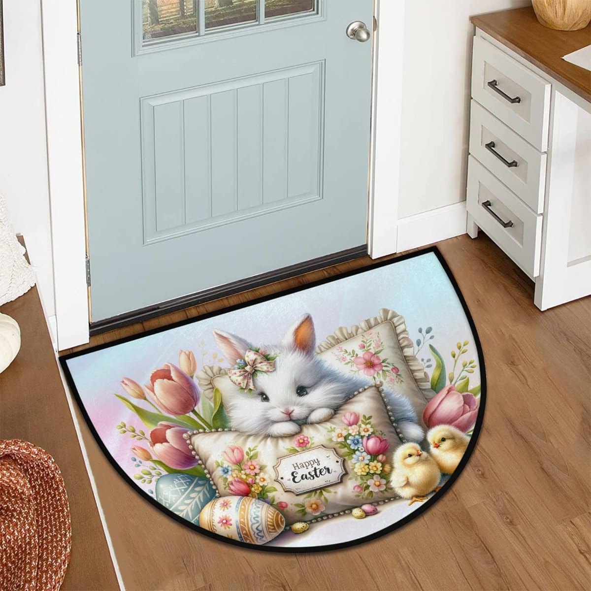 Half Round Door Mat Easter Flowers Animal Rabbit Washable Non-Slip Doormat Welcome Semi Circle Area Rug Half Moon Mats Semi Floor Rugs Indoor Entrance Kitchen Bedroom Living Room Decorative Gift