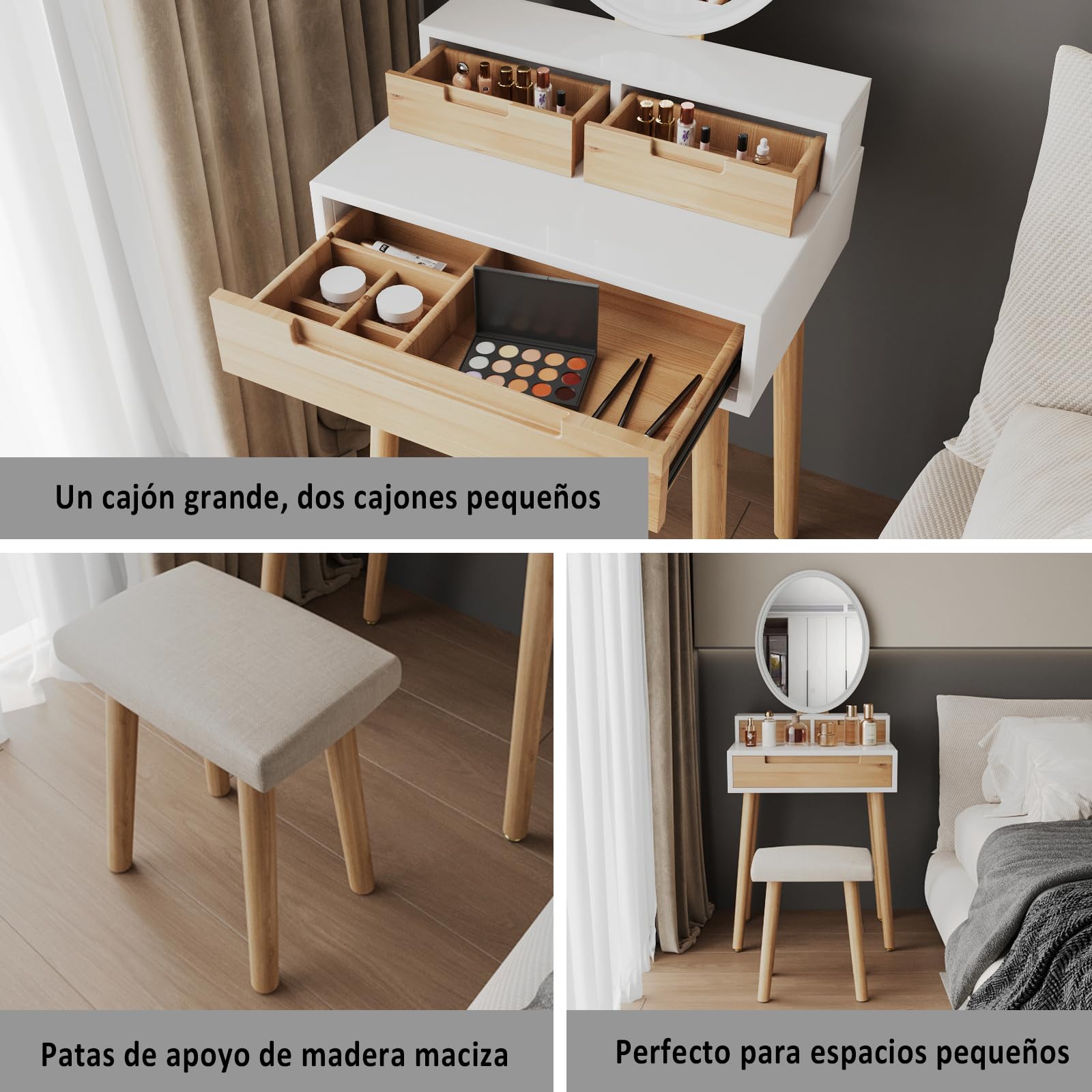YU YUSING Tocador de Maquillaje con Espejo LED 3 Modos Luz y Taburete 3 Cajones, Mesa Cosmética Multifuncional