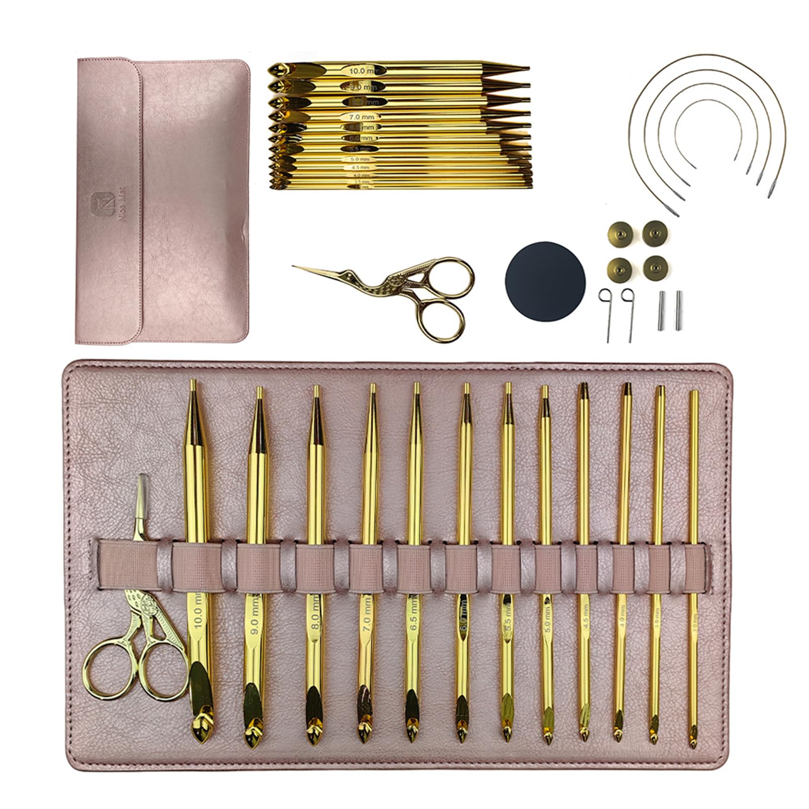 LetCart Juego de 12 agujas de ganchillo tunecinas con funda de poliuretano rosa, agujas de crochet de aluminio cromado para tejer alfombras con tijeras y accesorios