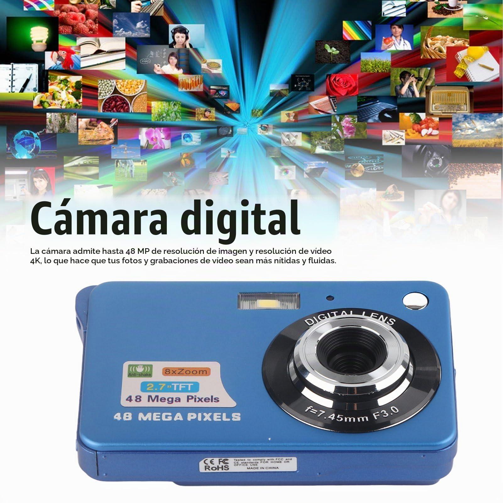 Cámara Digital 4K, 1080P FHD 44MP con Pantalla LCD de 2,7", Zoom de 8X Cámara Compacta, Cámara Portátil Antivibración con Cordón y Bolsa para Niños, Estudiantes y Principiantes (Azul)