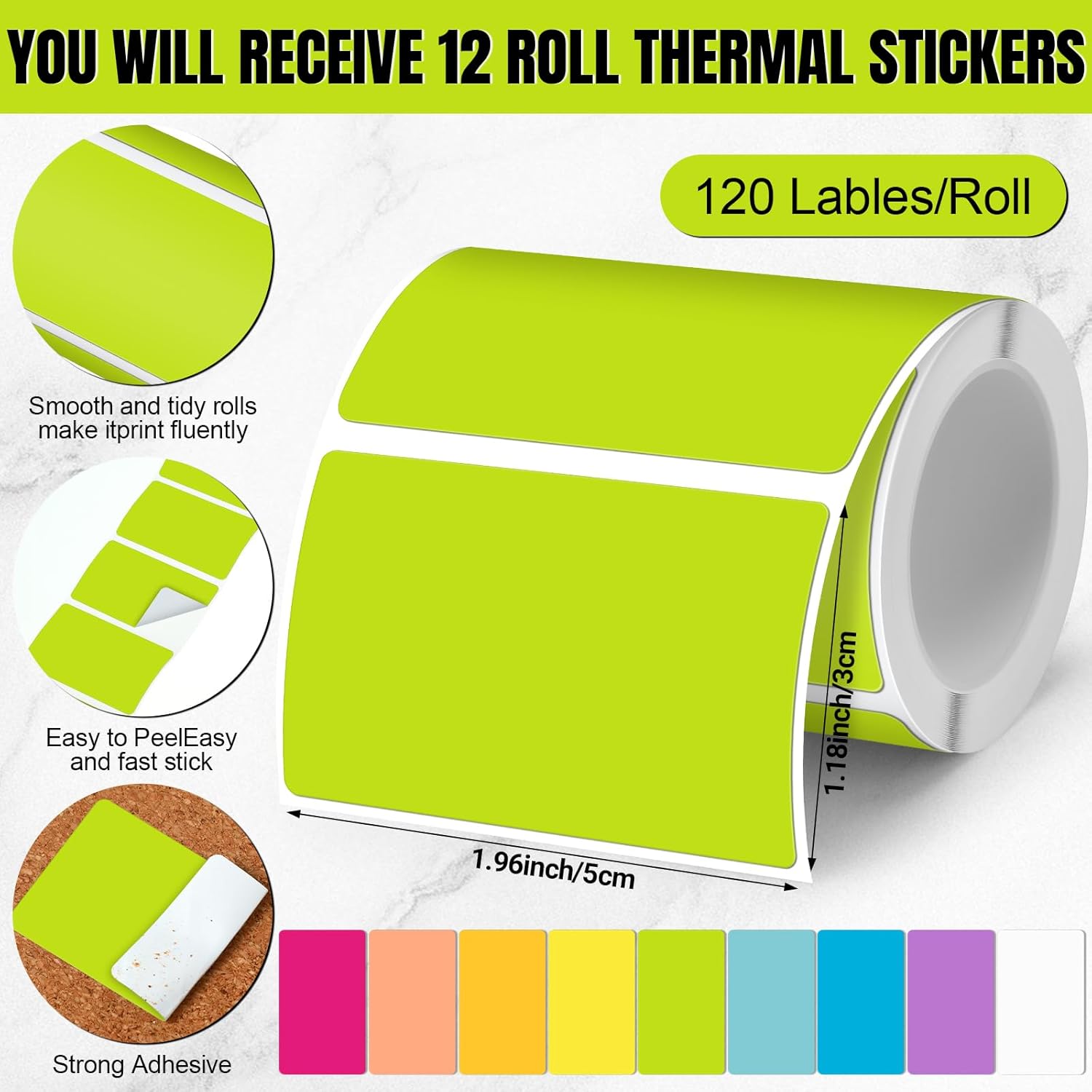 Ctosree 12 Rolls Printer Labels Adhesive Thermal Paper Waterproof Thermal Label Stickers Compatible with Phomemo M110 M221 M220 M120 M200 M110s Printer(Rainbow Colors,1.18 x 1.96 Inch)