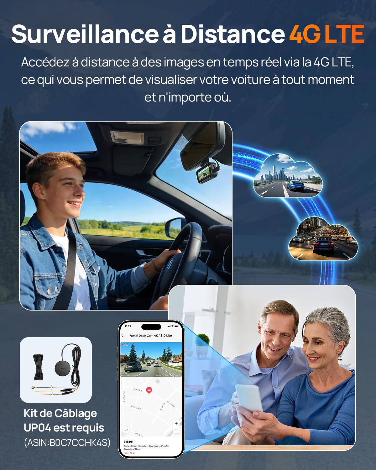 70mai Dashcam Voiture Avant et Arrière A810 Lite , 4K Dash Cam Compatible 4G LTE WiFi 6 5GHz, Vision Nocturne HDR, Mode Stationnement 24H, Suivi GPS, Verrouillage d’Urgence, Enregistrement en Boucle