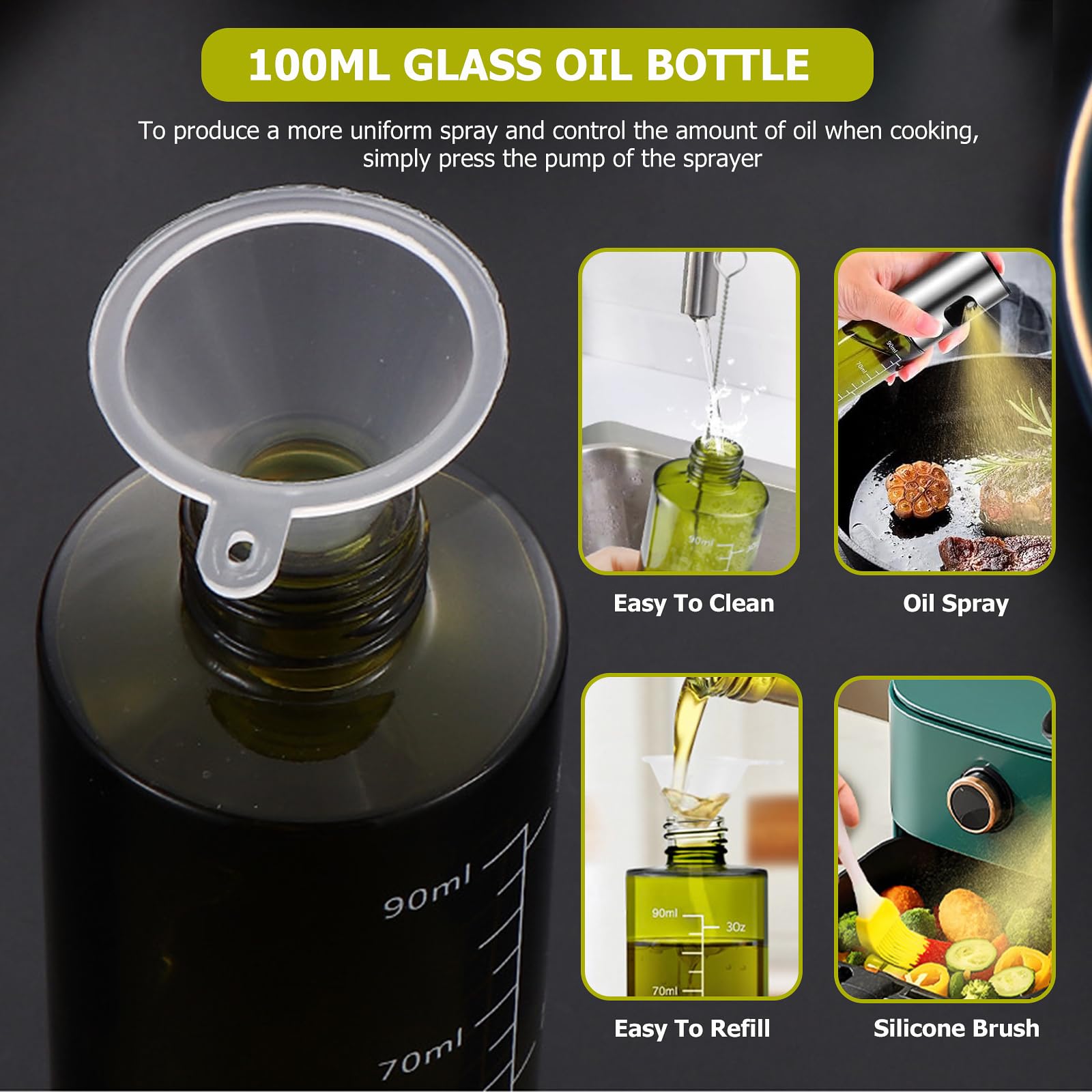 Pulvérisateur Huile Cuisine Vaporisateur Huile Cuisine Leaflai 180ml Verre - Pulvérisateur Huile Olive Saine Brosse Accessoires Air Fryer