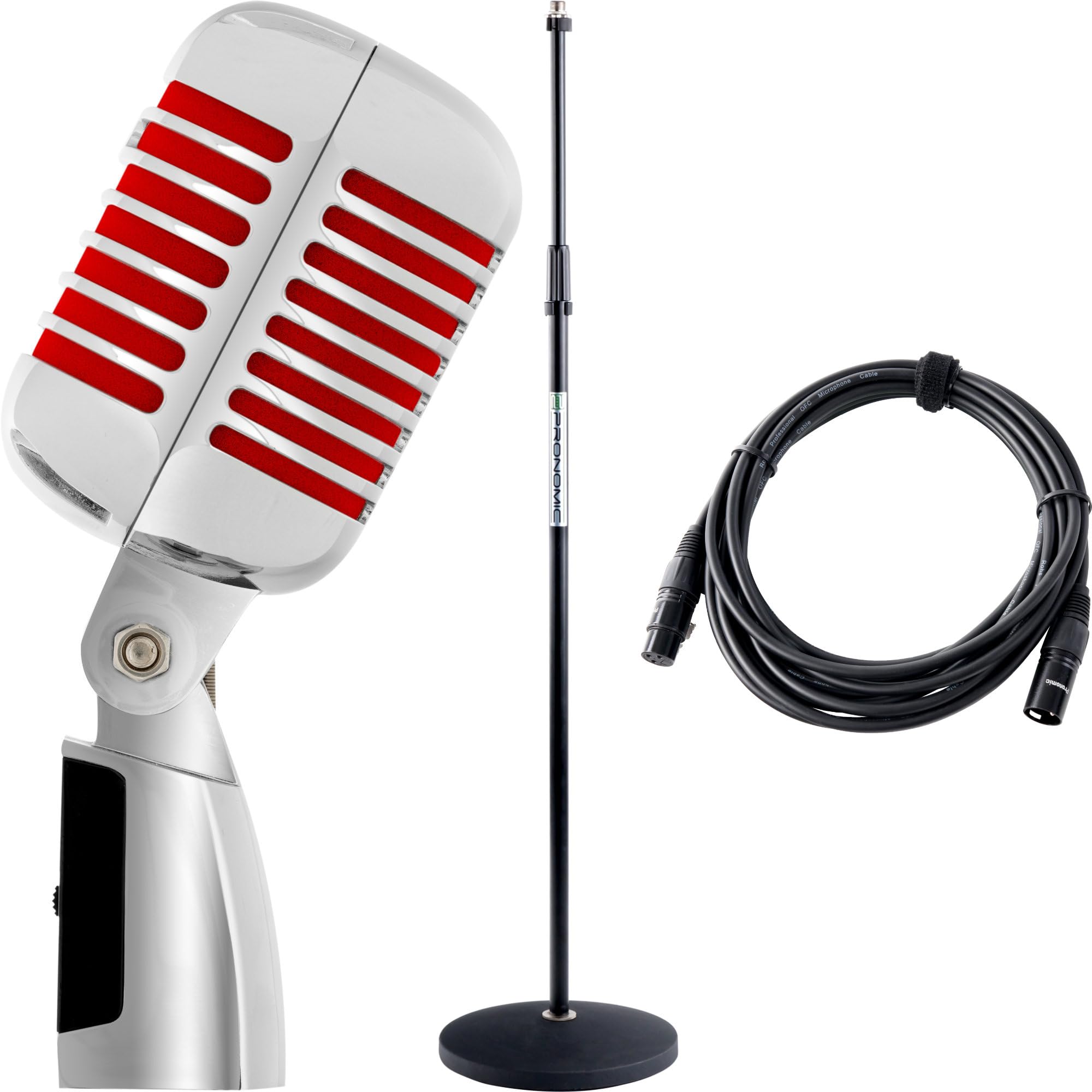 Pronomic DM-66R Microfono dinamico vocale Set - Vintage microfonico vocale retrò - Set economico con asta microfonica e cavo XLR - Argento/rosso