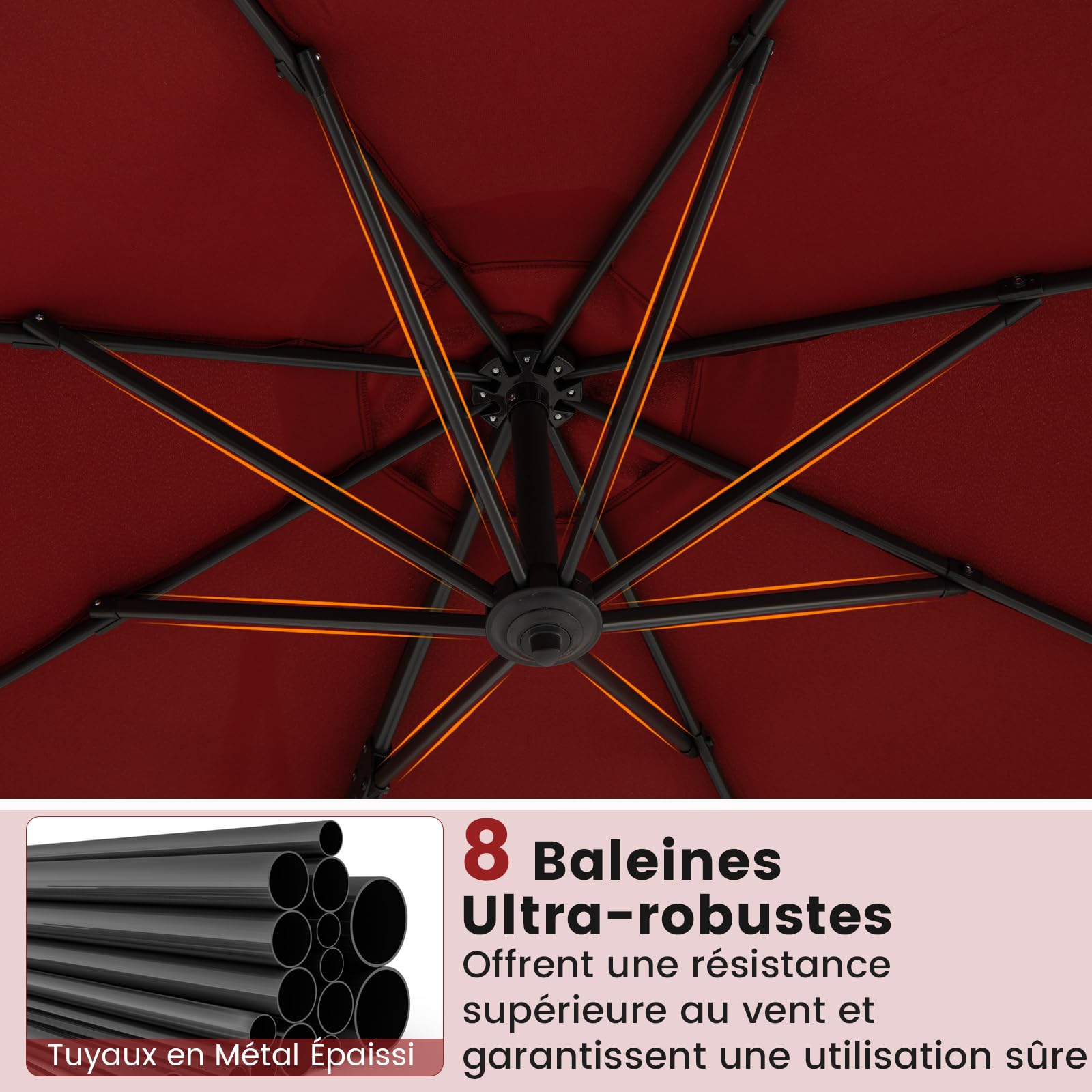COSTWAY Parasol Déporté Professionnel 3M, Parasol de Jardin Exterieur avec Pied et Manivelle, Anti-UV, Pivotant à 360°, Inclinable, Poteau en Aluminium, pour Terrasse, Patio, Balcon (Bordeaux)