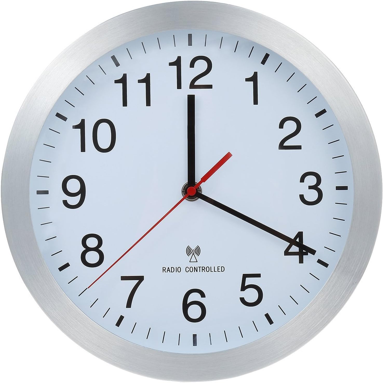 Aluminum Radio Controlled Wall Clock Analogue Clocks Kitchen Clock 20cm 25cm for Office School Kids Room - Automatic Switching Summer Winter Time (25cm, Silver)
