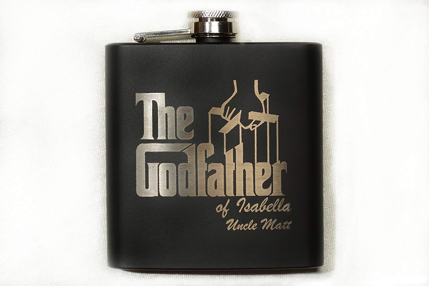 Godparent Baptism Gifts - Premium Etched Personalized Godfather Movie Engraved Logo Baptism Flask