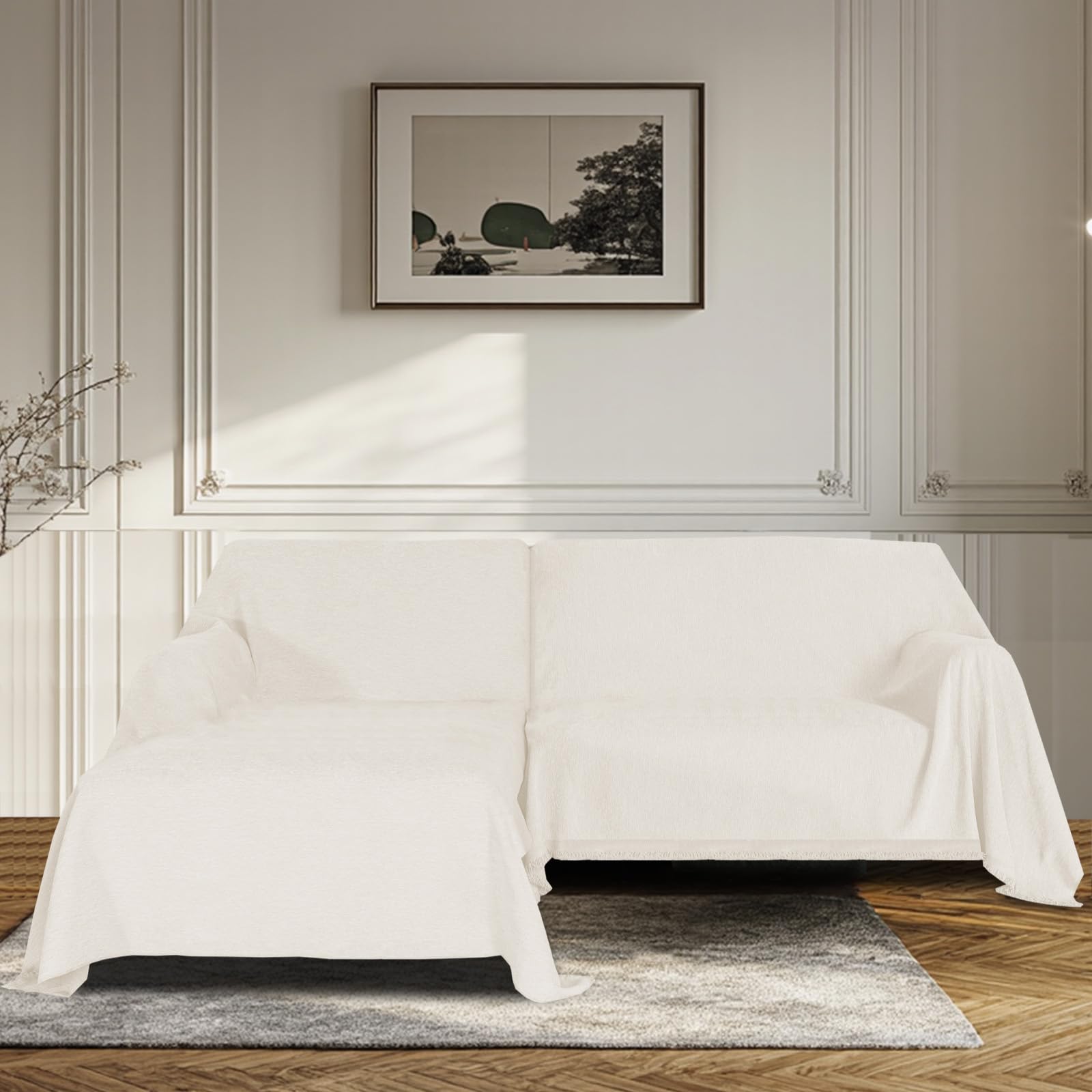 Bellahills Beige Sofa Cover 3 Seater Chenille Sofa Covers 2 Seater Armchair Covers L Shape Sofa Slipcover Non-Slip Couch Covers With Tassel Sofa Protector From Dogs, 180X280/180X230cm,