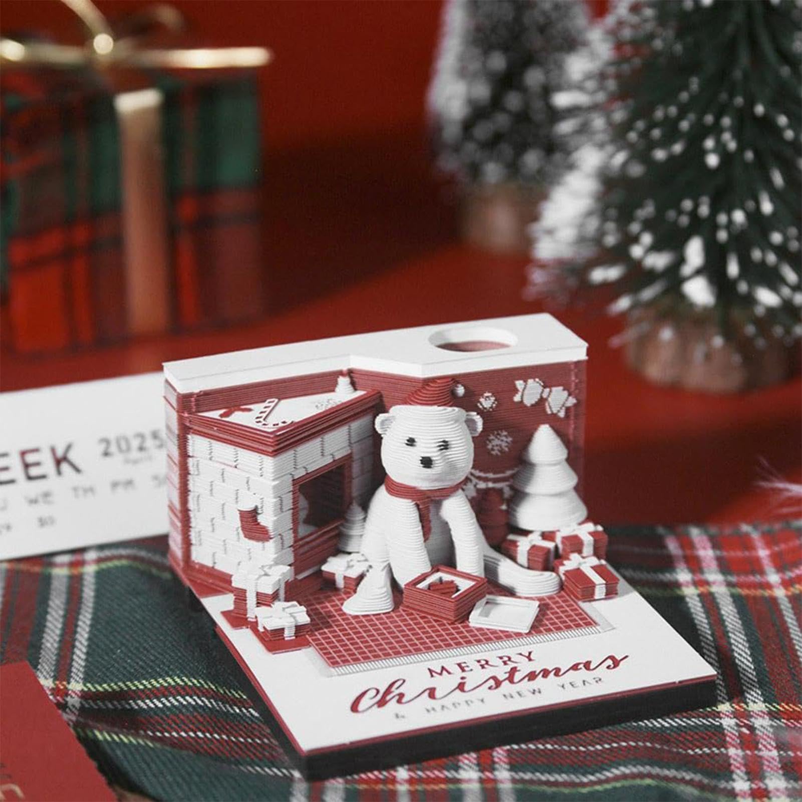 3D Memo Pad Kalender 2025 Weihnachtsbären-Design mit LED-Beleuchtung und | Tischkalender für Schreibtisch, Schlafzimmer, Wohnzimmer, Büro, Heimdeko, , Nachttisch, Tischschmuc