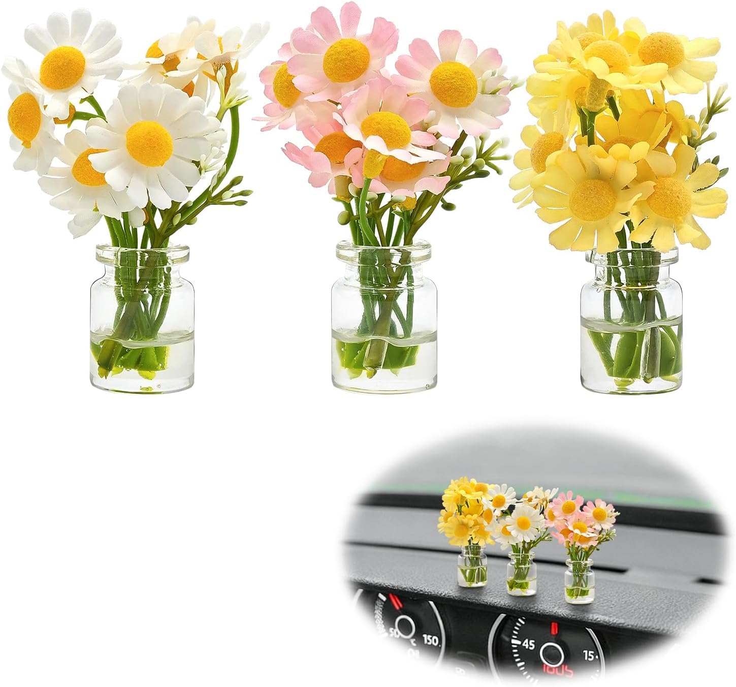 JINGMU 3 Pcs Mini Daisy Car Decor Set for Mitsubishi Lancer Sportback X (GS44S) 2007-2011, Car Decorative Flowers, Funny Car Dash Decorations, Tiny Glass Flowers in Vase, Mini Glass Flowers