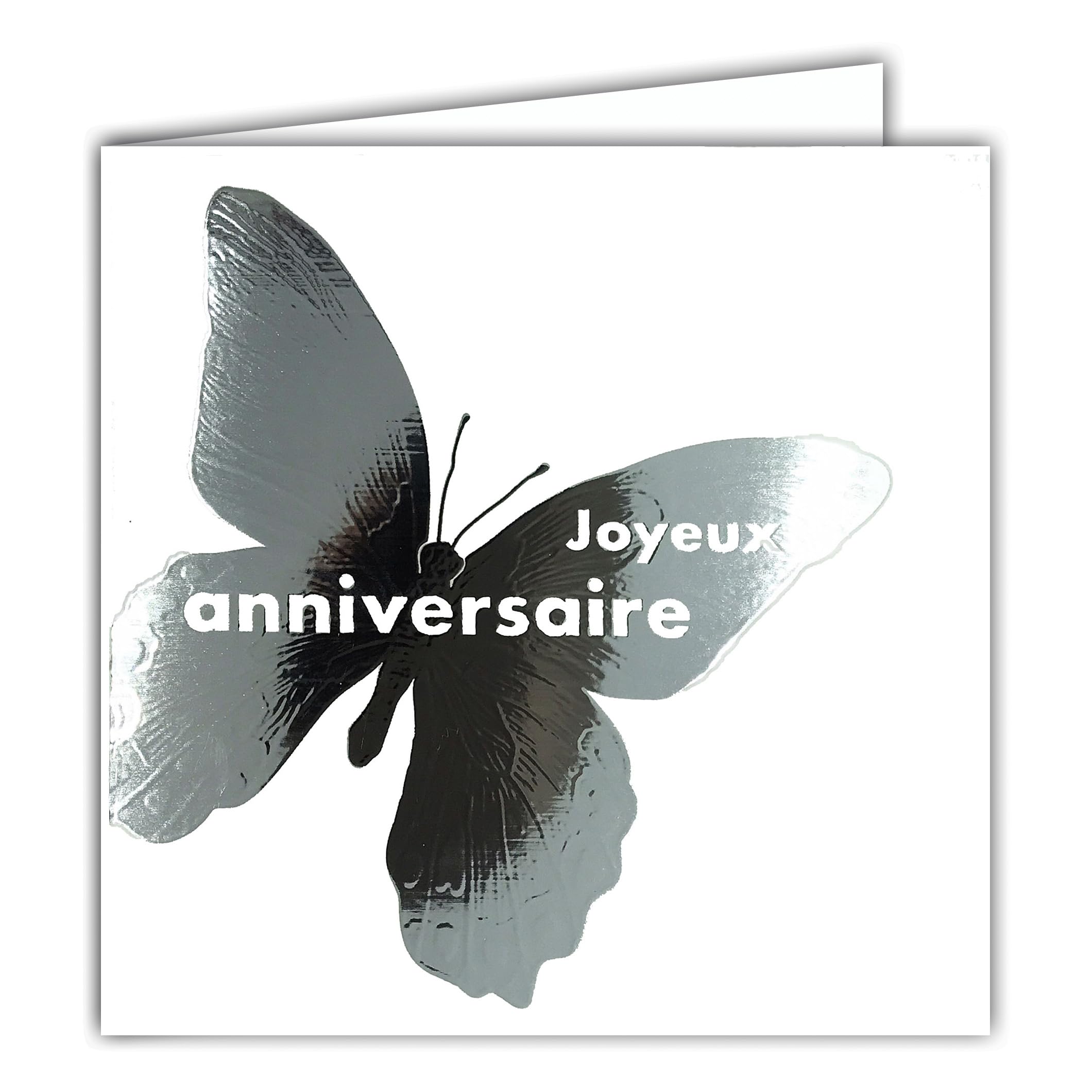 22212 Happy Birthday Square Card on a Shiny Silver Butterfly with White Envelope 15 x 15 cm – White Interior – Creation Edition Print Made in France – Dream of Words Collection
