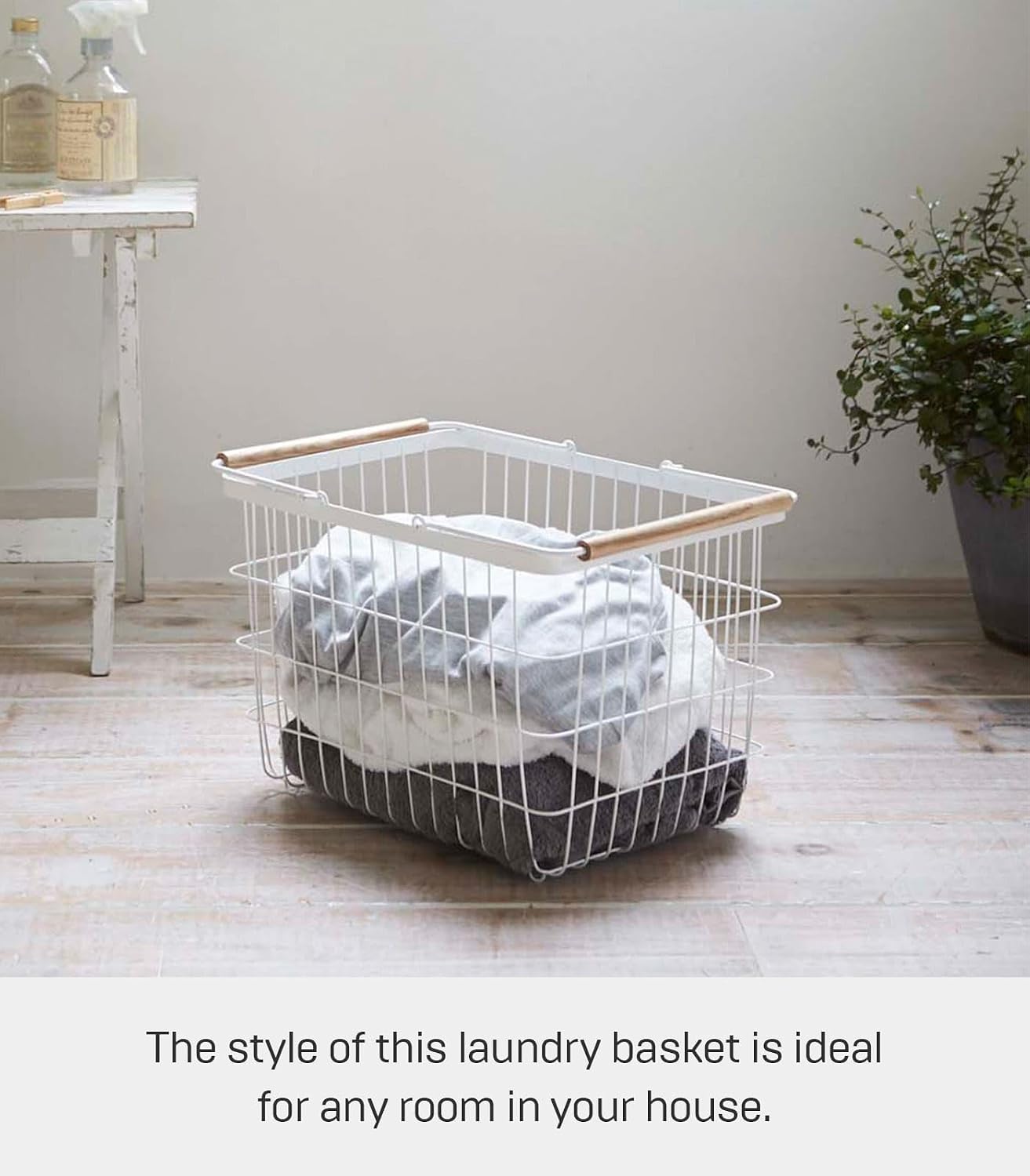 Yamazaki Home Tosca Laundry Basket - Laundry Basket With Wooden Handles - Medium, 11" - Steel + Wood - 6 Gallons, 23 Liters