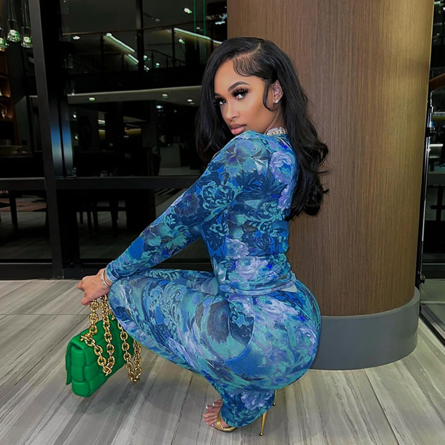 Sexy 2 Piece Set Jumpsuit for Women Floral Print See Through Mesh Long Sleeve Going Out Top and Flare Pants Sets - Image 5