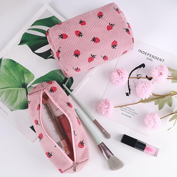 Travel Toiletry Bag for Girls Women Travel Organizer Toiletry Bag, Pink Strawberry, 9 × 6.5 pollici (Grande), 7.3 × 6.3 cm (Piccola), Strawberry Pink Plaid