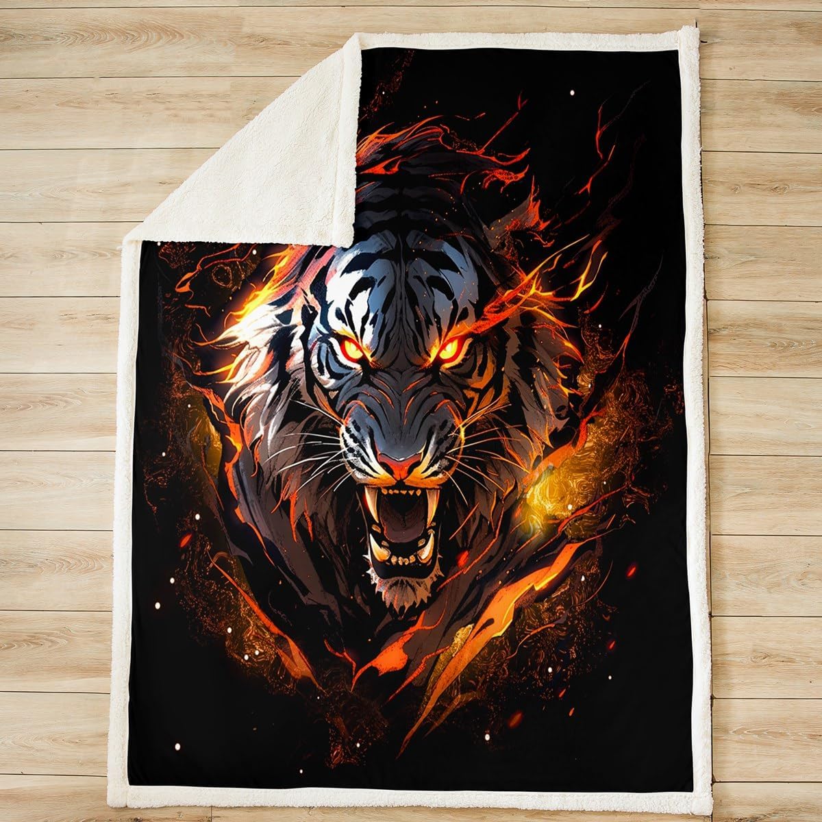 Feelyou Tiger Fleece Throw Blanket for Kids Cool Black Fire Tiger Plush Blanket Tiger Lover Sherpa Blanket Bedroom Decor Animal Fuzzy Blanket for Sofa Bed Couch,Queen 90x90 Inches