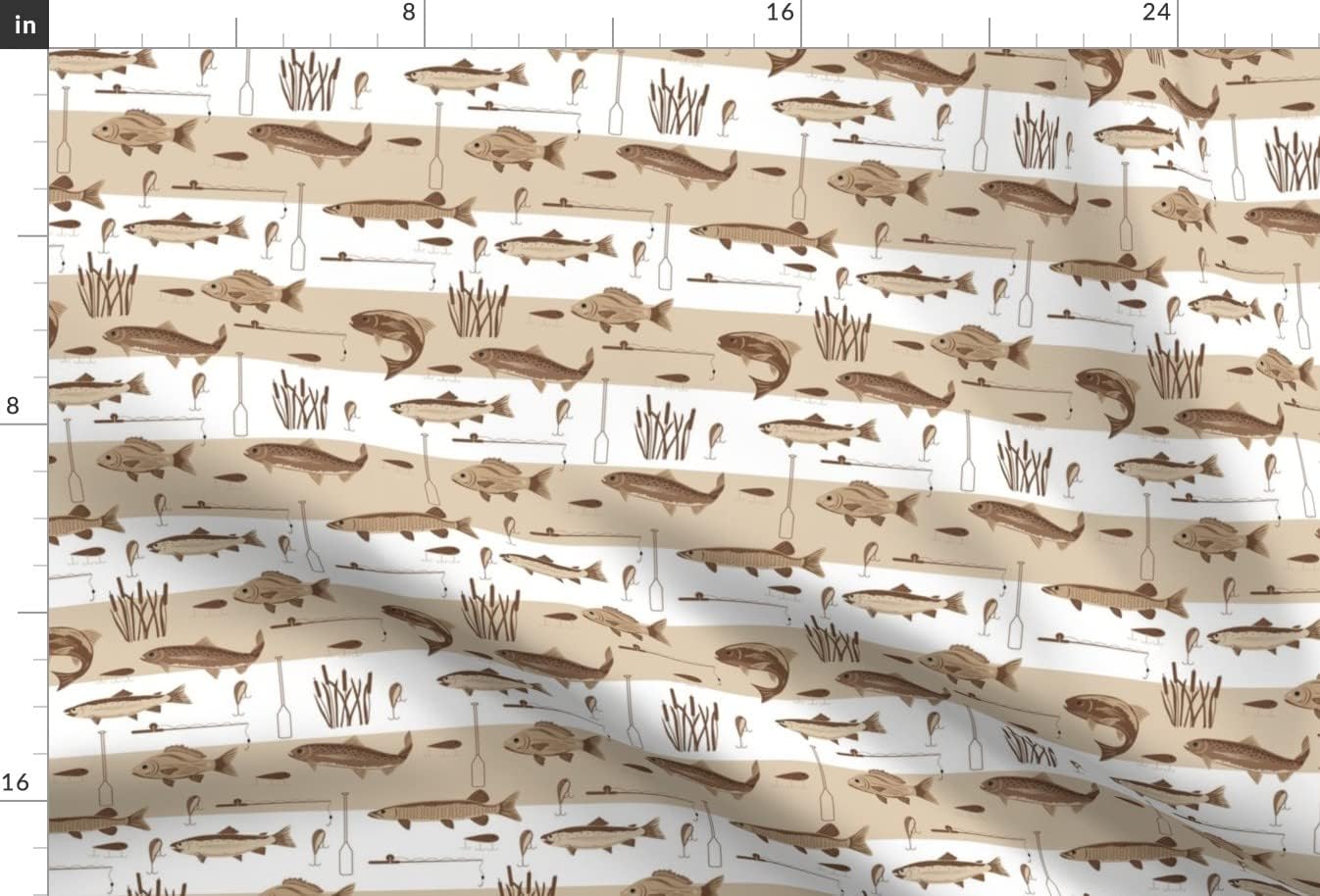 Spoonflower Fabric - Brown Lake River Fish Tan White Large Trout Bass Fishing Lures Hooks Printed on Minky Fabric by The Yard - Sewing Baby Blankets Quilt Backing Plush