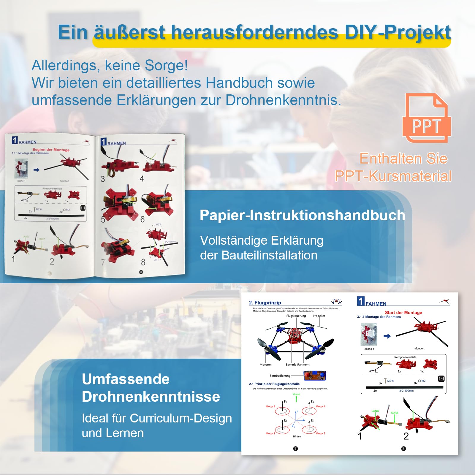 Quadrotor-Drohnen-DIY-Kit Ein einzigartiges STEM-Projekt mit Bürstenlosem Motor, optischem Flussschweben, Ein-Klick-Start und -Landung sowie 360°-Umdrehung für DIY-Enthusiasten, um die Grundlagen der