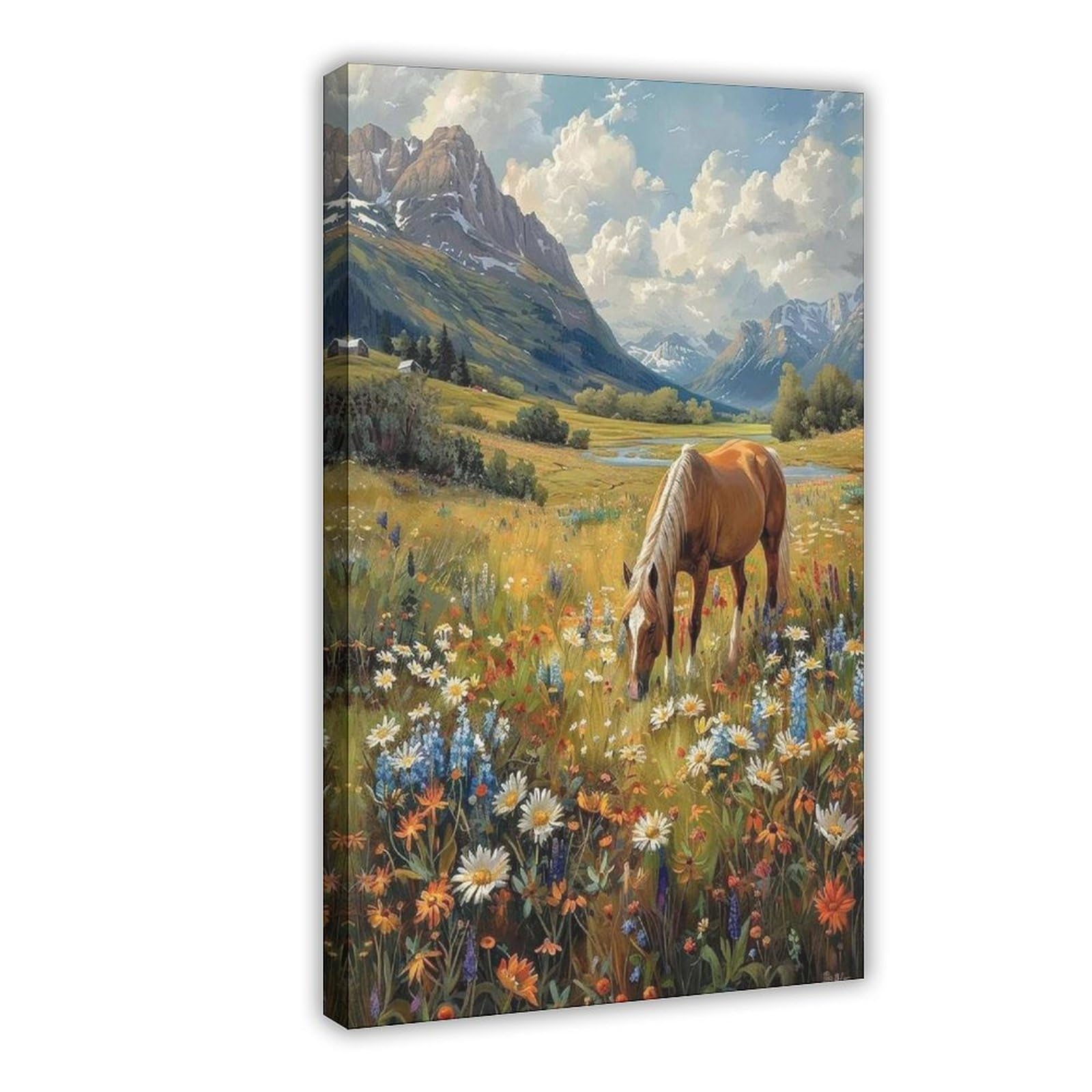 Goiaegag Icelandic Horse Grazing In A Lush Green Canvas Poster Bedroom Decor Landscape Office Room Decor Gift 20X30inch(50X75cm)