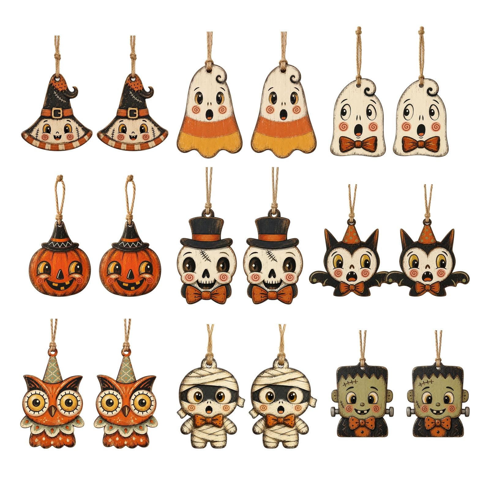 Pasisuu Halloween Wooden Hanging Decor, Ghost Black Cat Pumpkin Owl Ornament, Rustic Vintage Wall Decor Gift Tags for Porch Window, Trick or Treat Gift [object Object]