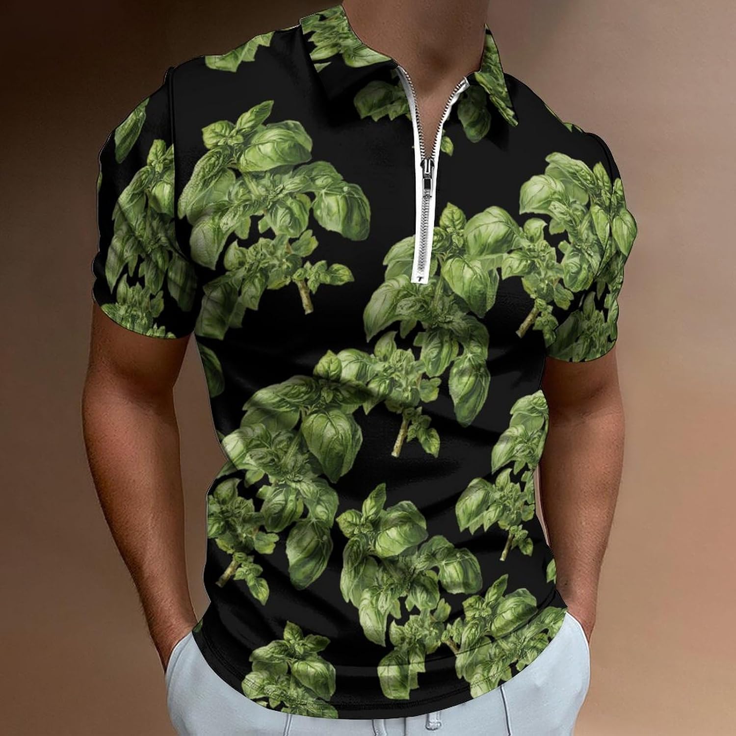 Green Basil Leaves Polo Shirts for Men Short Sleeve Athletic Golf Tees Tops | Casual Summer Zippered V Neck Mens T-shirts Sports Quick Dry Tennis