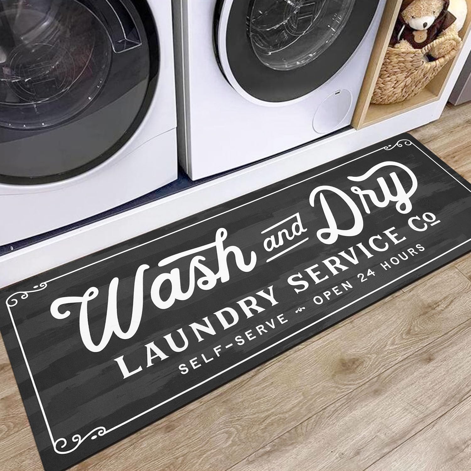 KOZYFLY Laundry Room Rug 20"x48" Non Slip Kitchen Rug Washable Mudroom Floor Carpet Runner Farmhouse Decor, Dark Grey, Wash and Dry — image 1