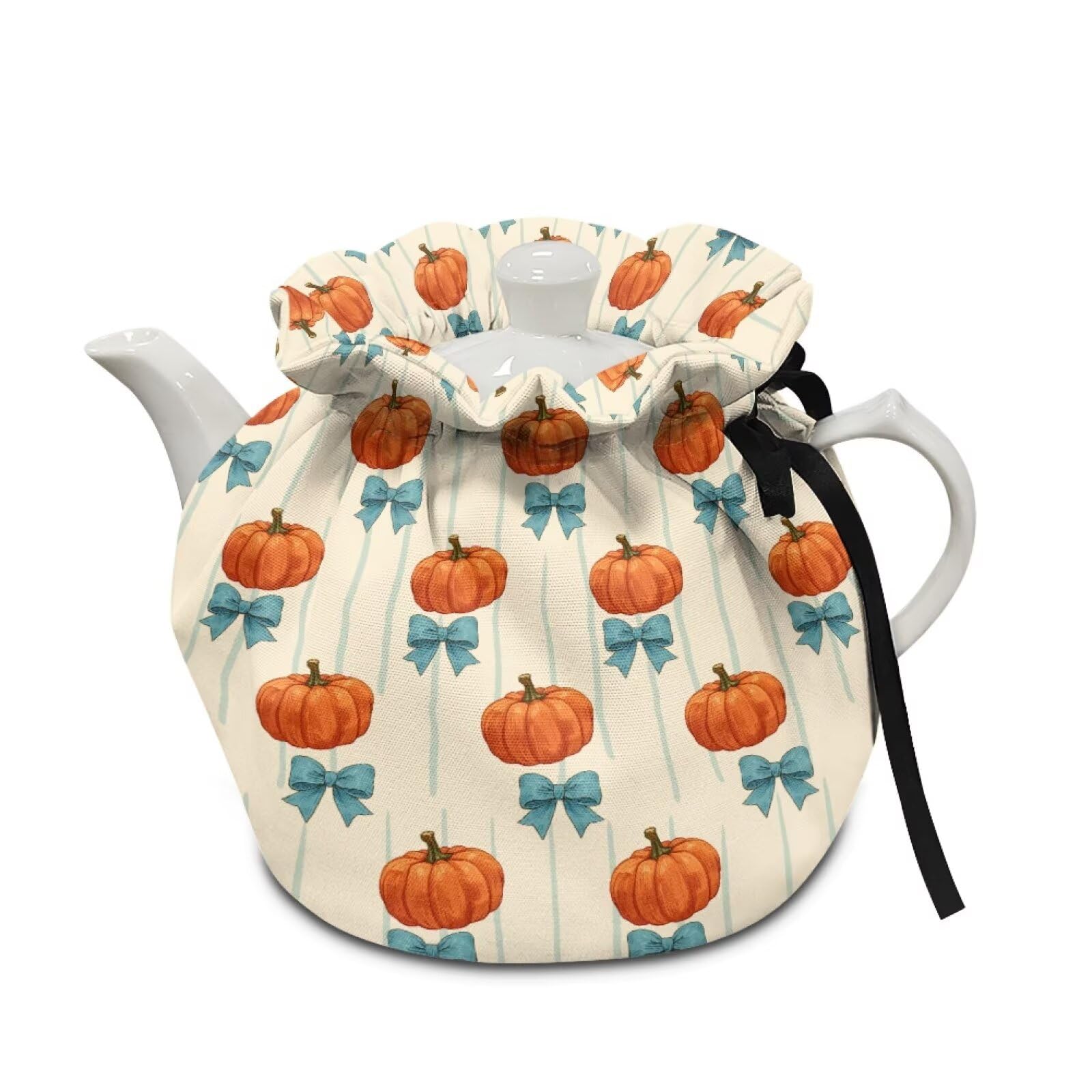 Fall Pumpkin Tea Cosy for Kitchen Keep Warm Blue Bow Tea Kettle Dust Cover for Home Party Easy to Install Teapot Covers Gift for Fall