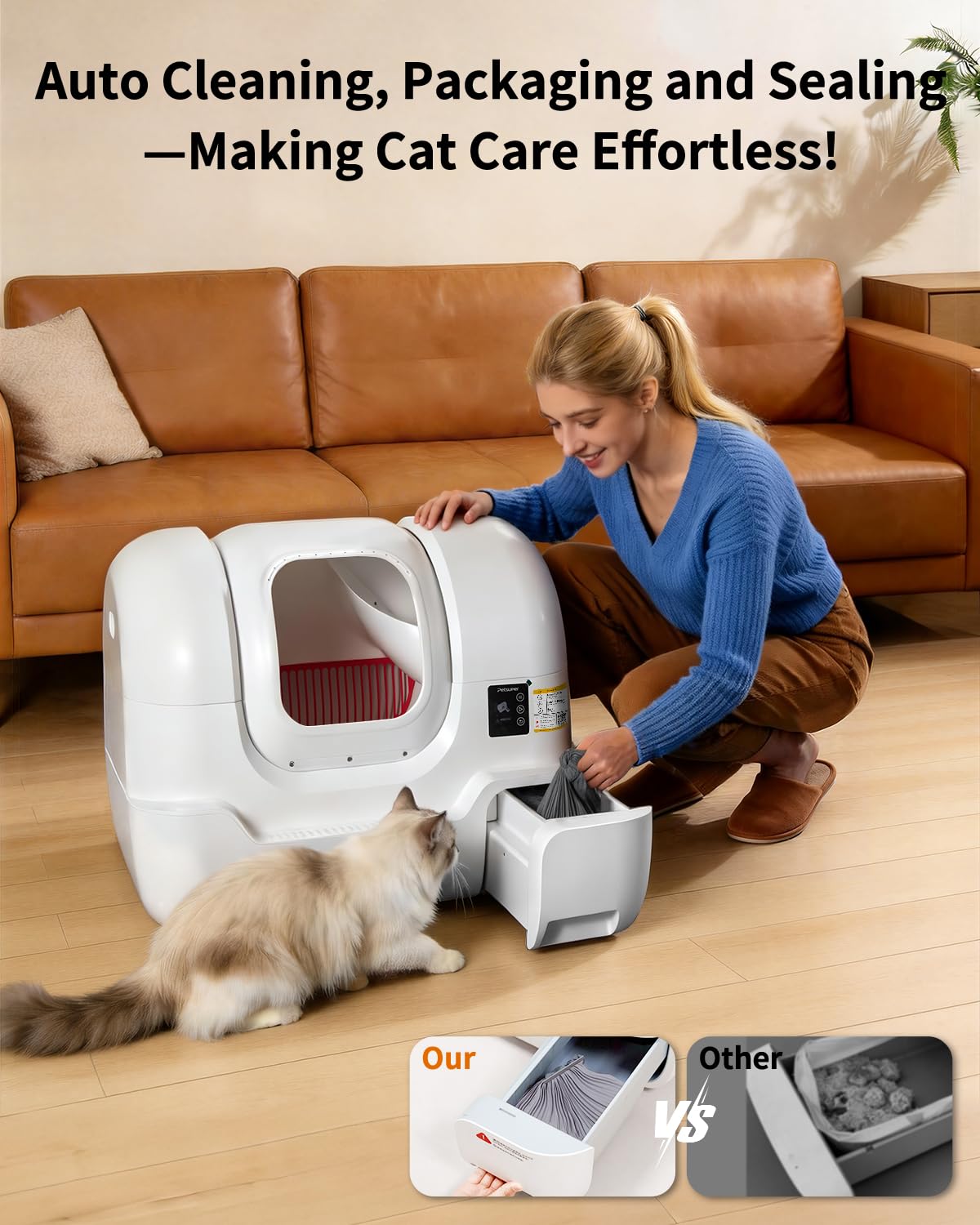 Automatic Cat Litter Box Self-Cleaning, Auto Sand Refilling, Auto Packing & Sealing, Auto Bag Replacement, One-Click Cleaning, Deodorization, APP Control, Radar Weight TOF Safety Sensors for Cats - image 5
