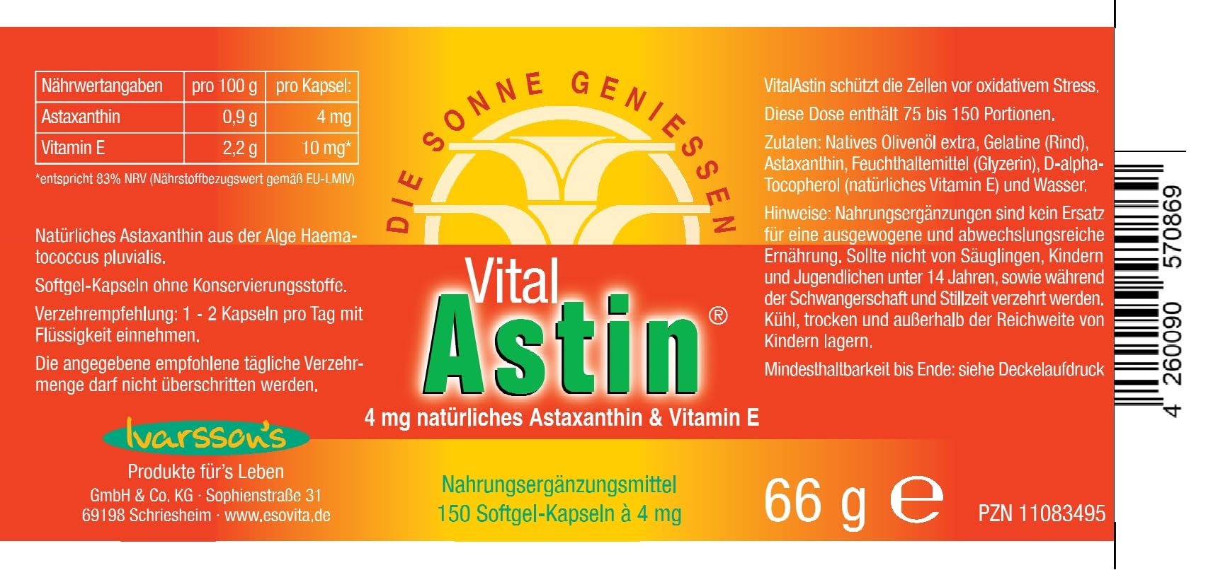 Astaxanthin I 150 Kapseln I Ivarssons VitalAstin I 4 mg natürliches Astaxanthin I mit Vitamin E