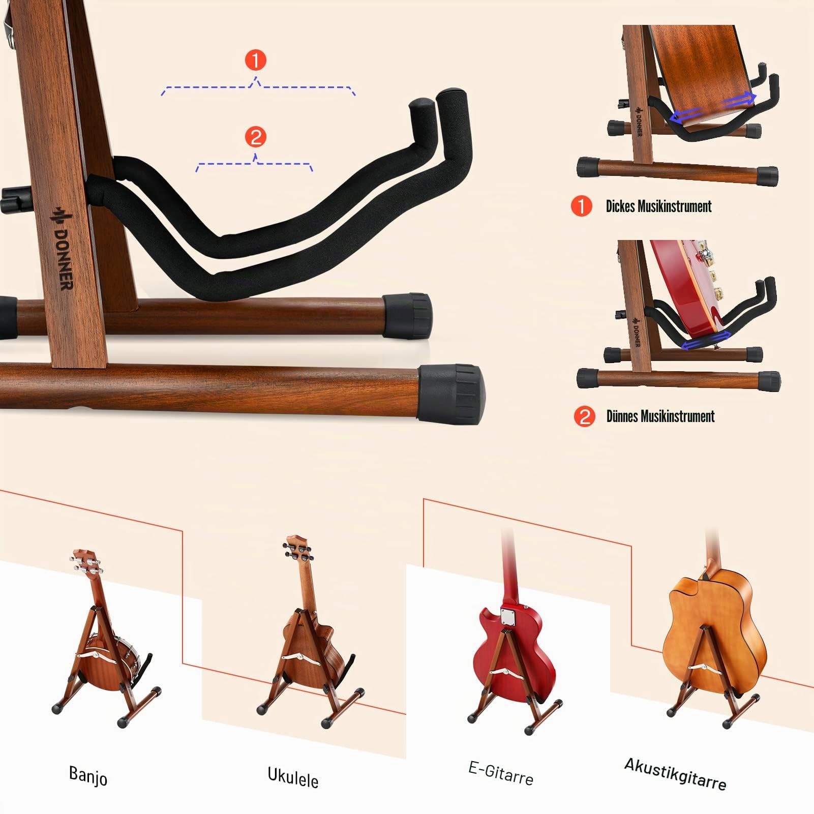 Donner Gitarrenständer Holz, tragbarer klappbarer Gitarren Ständer A-Rahmen Guitar Stand für Akustikgitarre, E-Gitarre, Bass, Banjo, Cello, Ukulele, Mandolin, DS-3