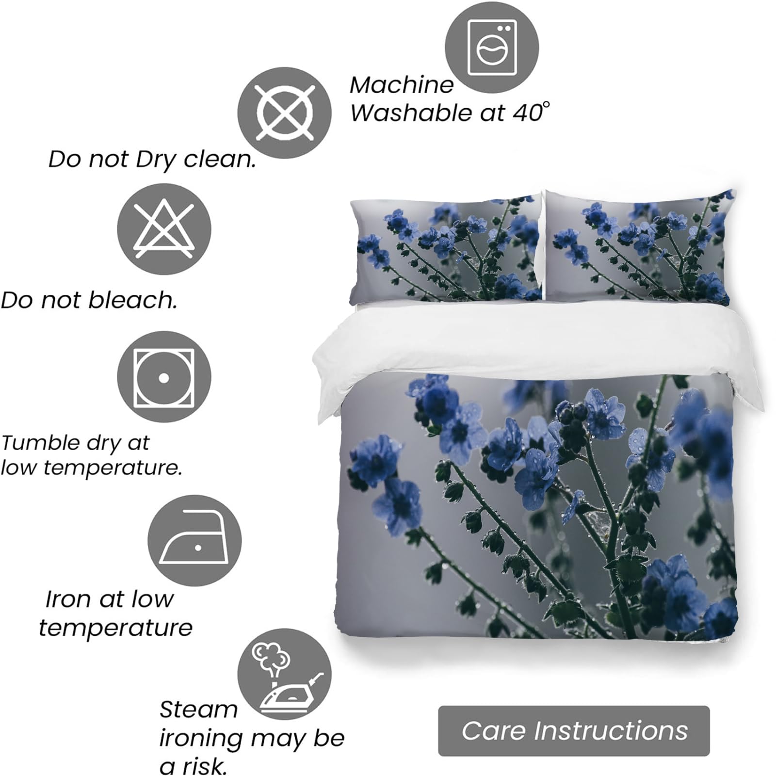Housse de Couette 220x240 Adulte Fleurs Parure de Lit Microfibre Bleu 3D Motif Parure Housse Couette 2 Personnes avec Fermeture Eclair avec 2 Taies d 'oreiller 65x65cm