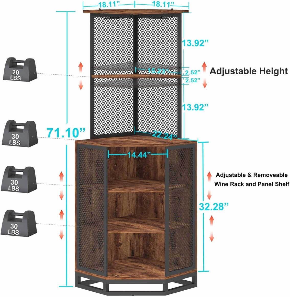 IBF Corner Wine Cabinet, 71" Bar Cabinet with Adjustble Shelf Storage, Metal and Wood Industrial 5 Tier Tall Liquor Cabinet Bar for Home with Glass Holder, Rustic Brown