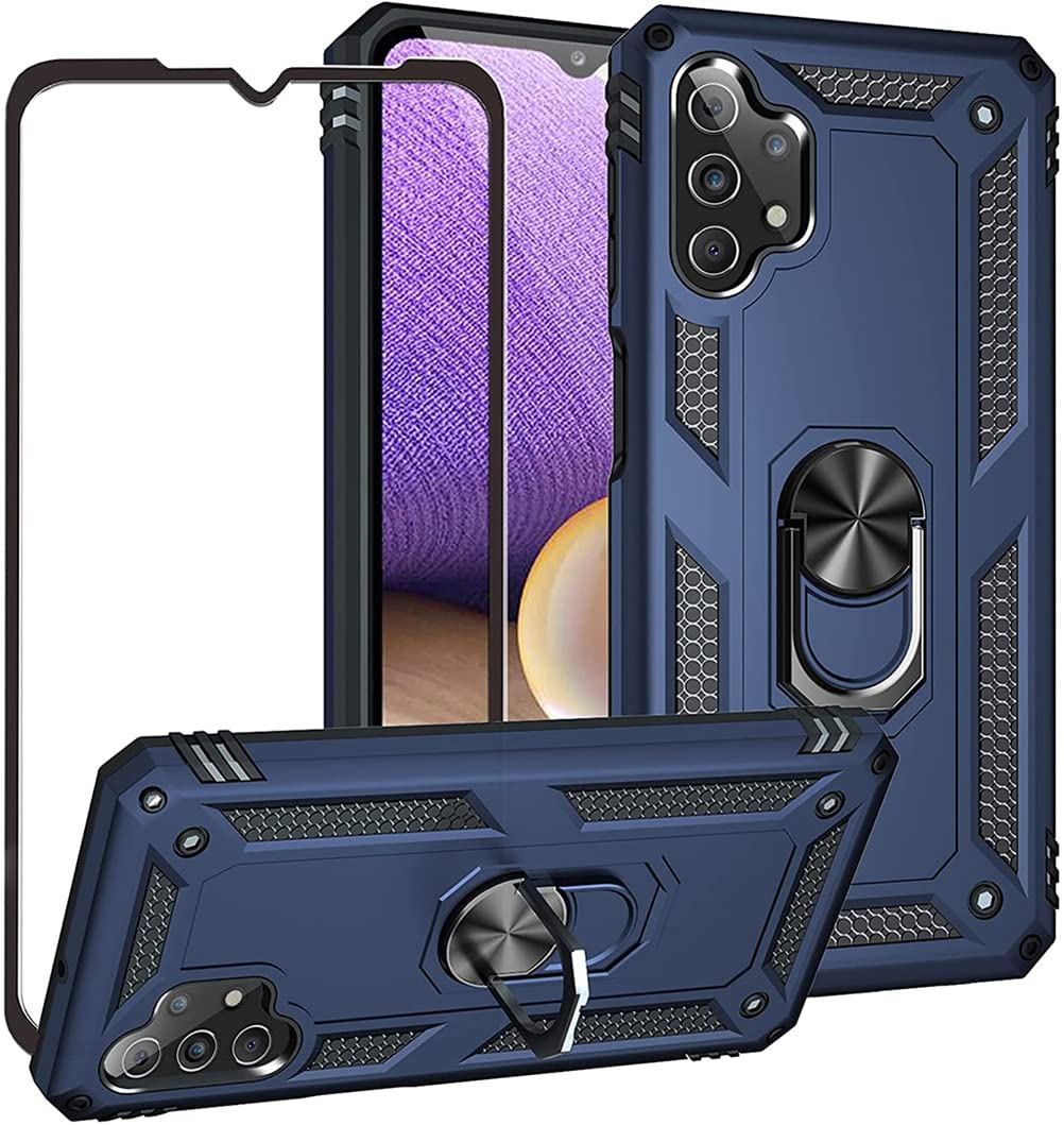 for Galaxy A32 5G Case with HD Screen Protector,Military Grade Heavy Duty Armor Protection Phone Case with Metal Ring Kickstand for Samsung Galaxy A32 5G (Blue)