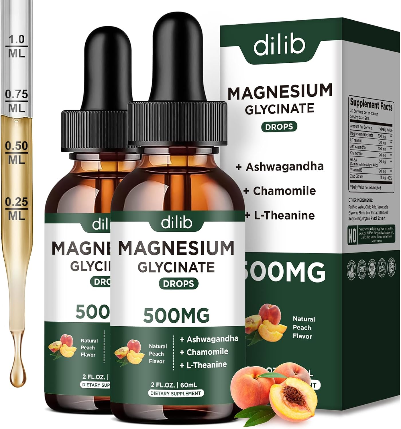 Magnesium Glycinate Liquid Drops Supplement, with Magnesium Glycinate 500mg Ashwagandha, L - Theanine, Chamomile -Support Stress Relief, Bone, Muscle, Mood Peach Flavor 2Pack