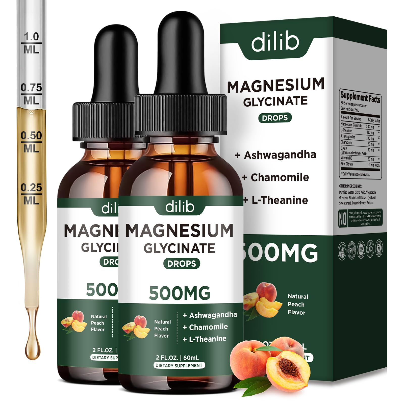 Magnesium Glycinate Liquid Drops Supplement, with Magnesium Glycinate 500mg Ashwagandha, L - Theanine, Chamomile -Support Stress Relief, Bone, Muscle, Mood Peach Flavor 2Pack Peach 2 Fl Oz (Pack of 2)