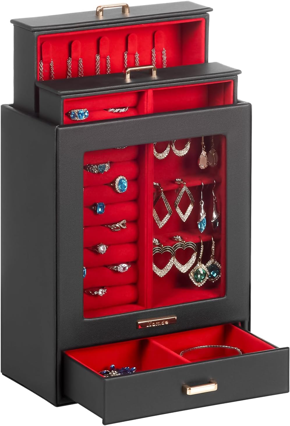 Homde Jewelry Organizer Girls Women Jewelry Box for Necklaces Rings Earrings Gift Bracelets Storage Case (Black + Red + Gold)