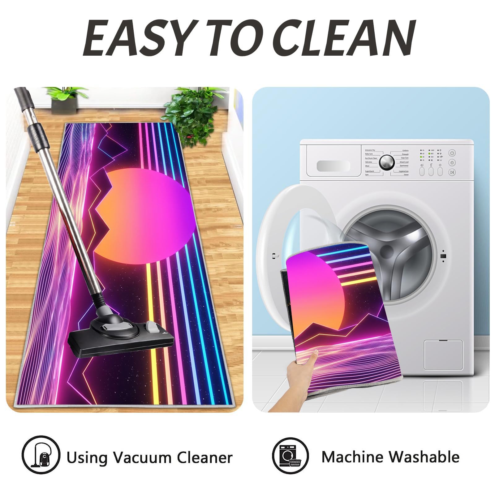 Juego De 2 Alfombras De Cocina Atardecer De Neón Retro | Alfombrillas De Cocina Lavables Futuras Montañas Rayadas, Corredera Antideslizante Absorbente para Salón, 50X80+50X180, Púrpura
