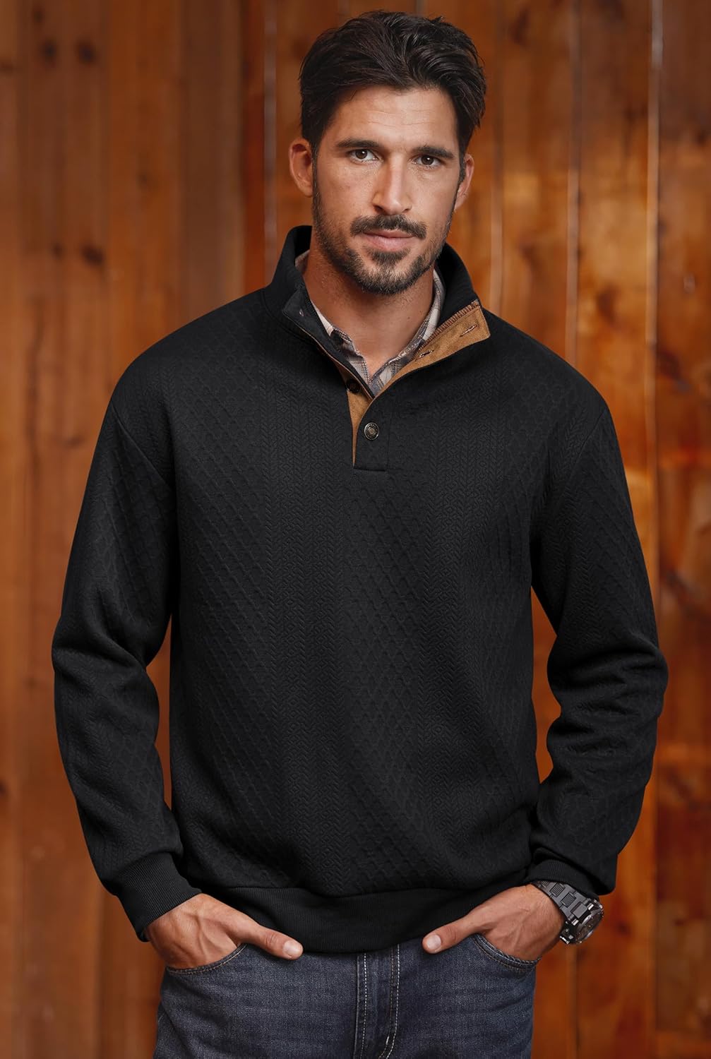 Men's Textured Thermal Sweatshirt Heavyweight Fleece Lined Pullover with Elbow Patches (S-XXL) - Image 3