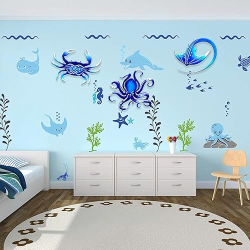 Vista 2 de Weibefee Decoración de pared de metal, pulpo, cangrejo, manta raya, océano náutico costero, decoración de Navidad, conciso de 9 pulgadas, juego de 3