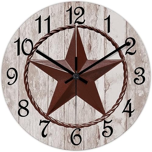 Miniatura 8 de Reloj de pared antiguo con estrella de Texas del oeste, reloj de madera antigua, sin tictac, silencioso, funciona con pilas, con números grandes,