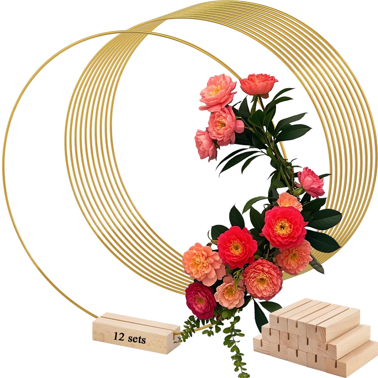 LOSYHU 12 Pack Metal Floral Hoop Centerpiece with Stand, 12 Inch Large Gold Metal Hoops for Crafts, Smooth Wreath Macrame Rings for DIY Wedding Decorations Dream Catchers