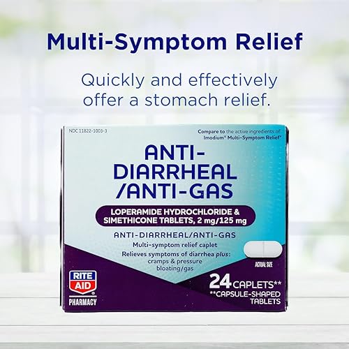 Miniatura 4 de Rite Aid Comprimidos antidiarreicos y antigases, 24 unidades, alivio multisíntoma para diarrea y gases, loperamida HCI 2 mg y simeticona 125 mg,