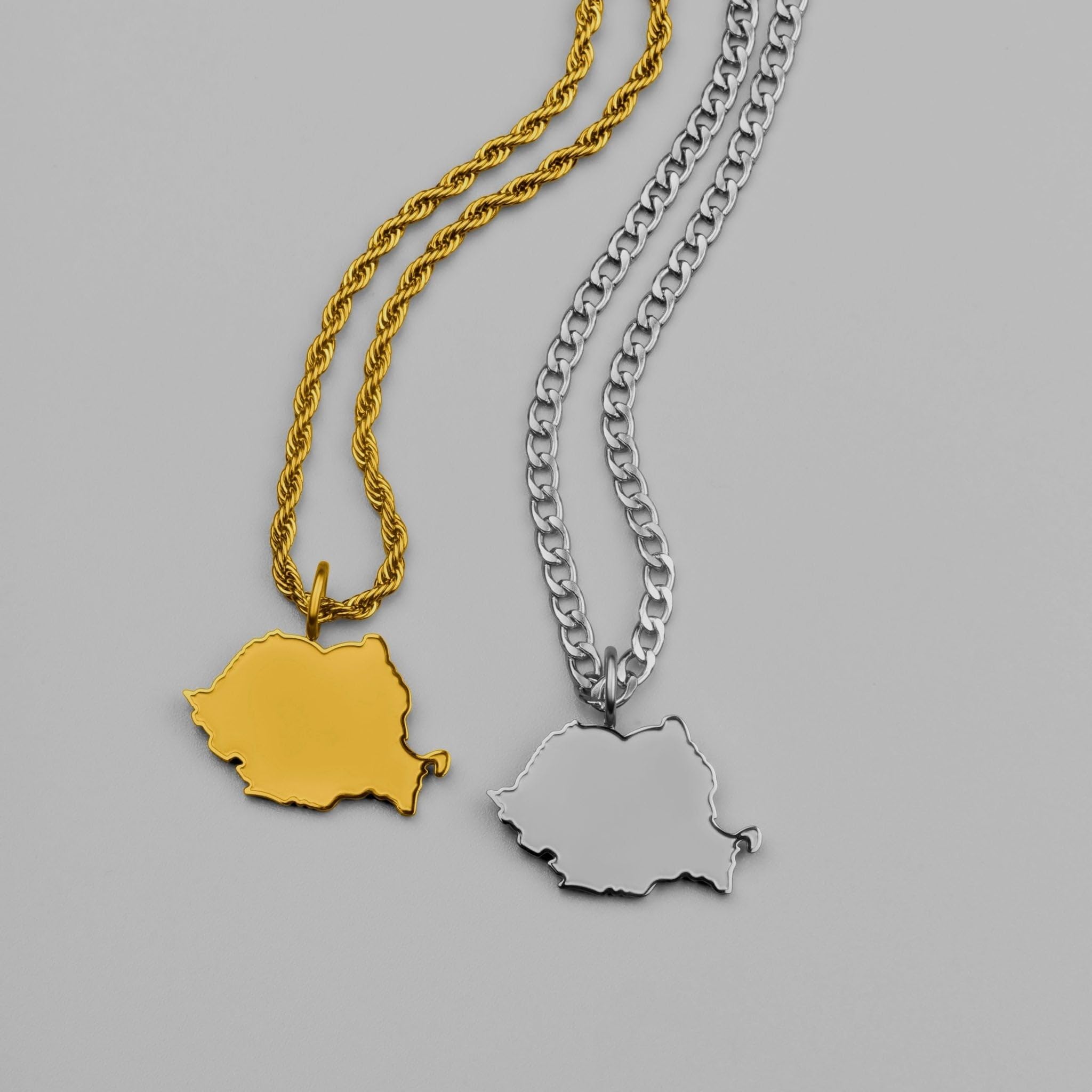 d'origine Rumunia męski łańcuszek na mapy | stal nierdzewna 316L 60 cm | 27 mm wisiorek matowo-piaskowany z polerowanym konturem | prezent ojczyzna korzenie