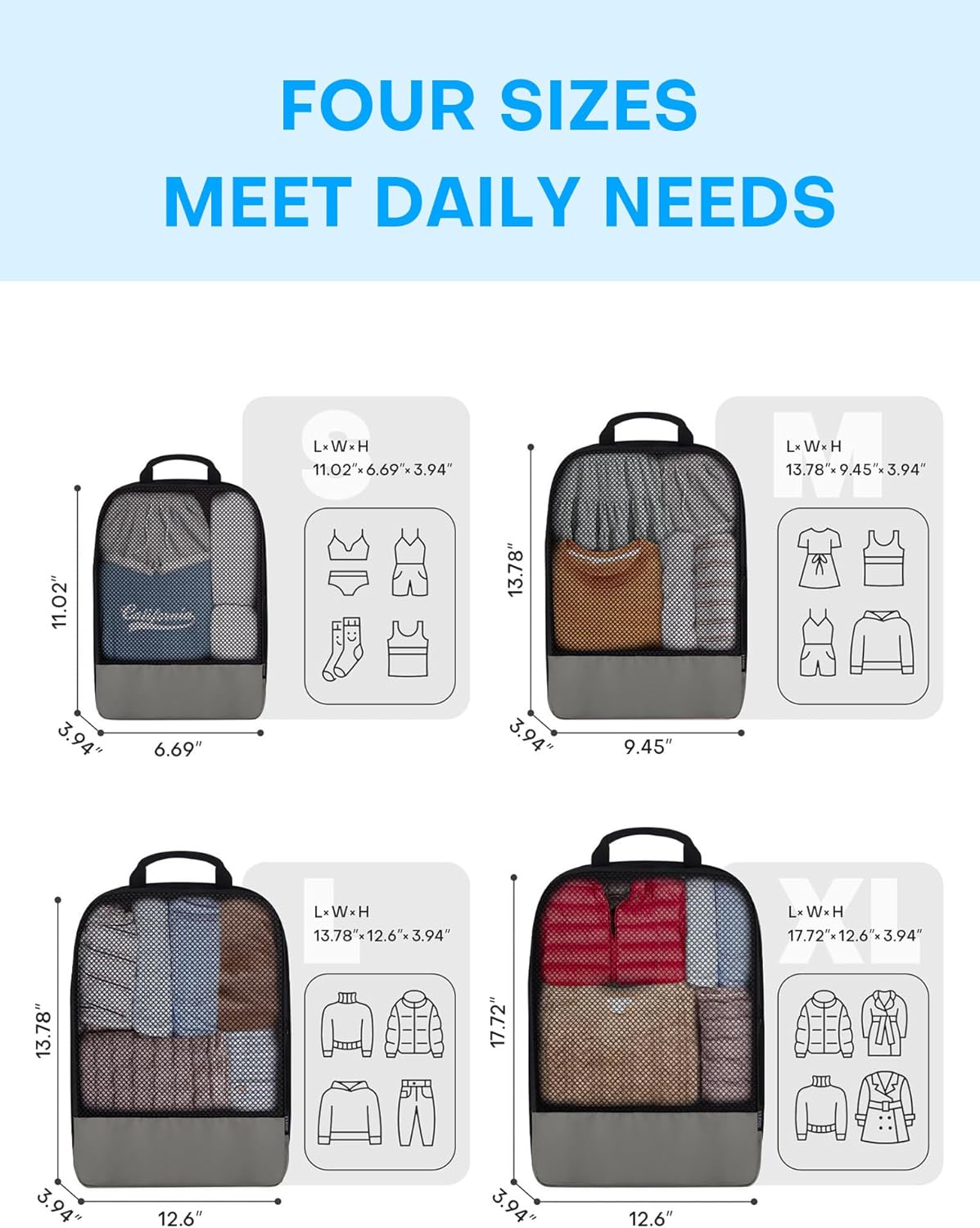 4 PCS Set Compression Packing Cubes for Travel, Lightweight Packaging Organizer Bags for Carry On Space Saving, Travel Essentials Cubes for Suitcase Backpack, Grey - Image 2